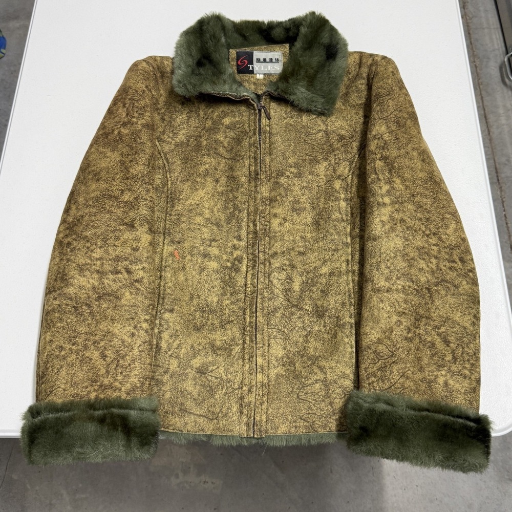 Styles Faux Shearling Jacket Womens L Olive Gold Good Zip Up Faux Fur Trim